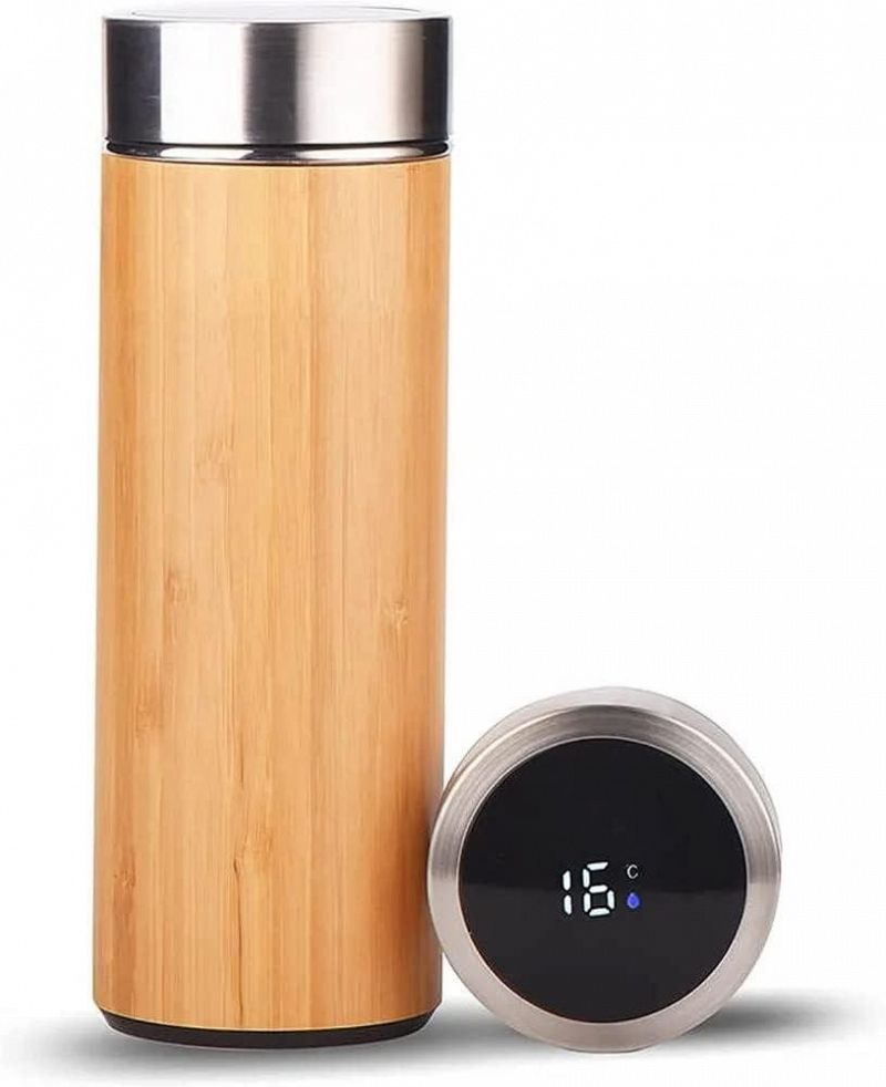 Termo Botella Térmica Sensor Temperatura 500 Ml Simil Madera