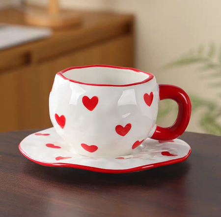 AA1784 TAZA CERAMICA CON PLATO CON CORAZONES