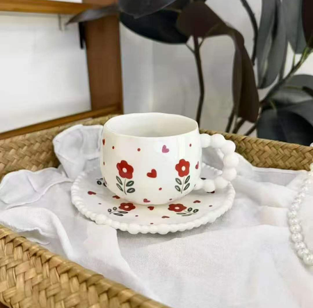 AA1787 TAZA CERAMICA CON PLATO FLORES CON CORAZONES