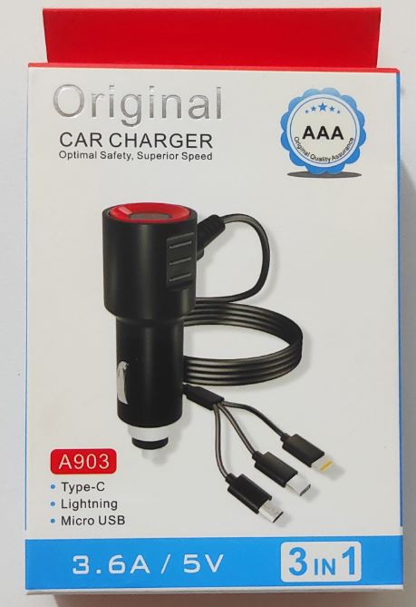 CARGADOR AUTO - 3 CABLES EN 1 S-201