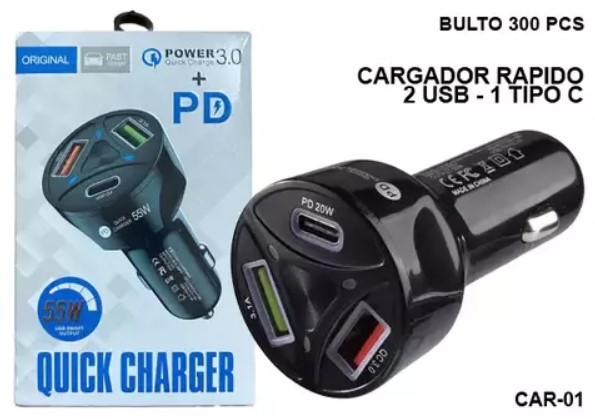 CARGADOR AUTO 55W 2USB + 1TIPO C