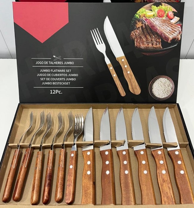 SET CUBIERTOS ASADO X12 ACERO Y MADERA !