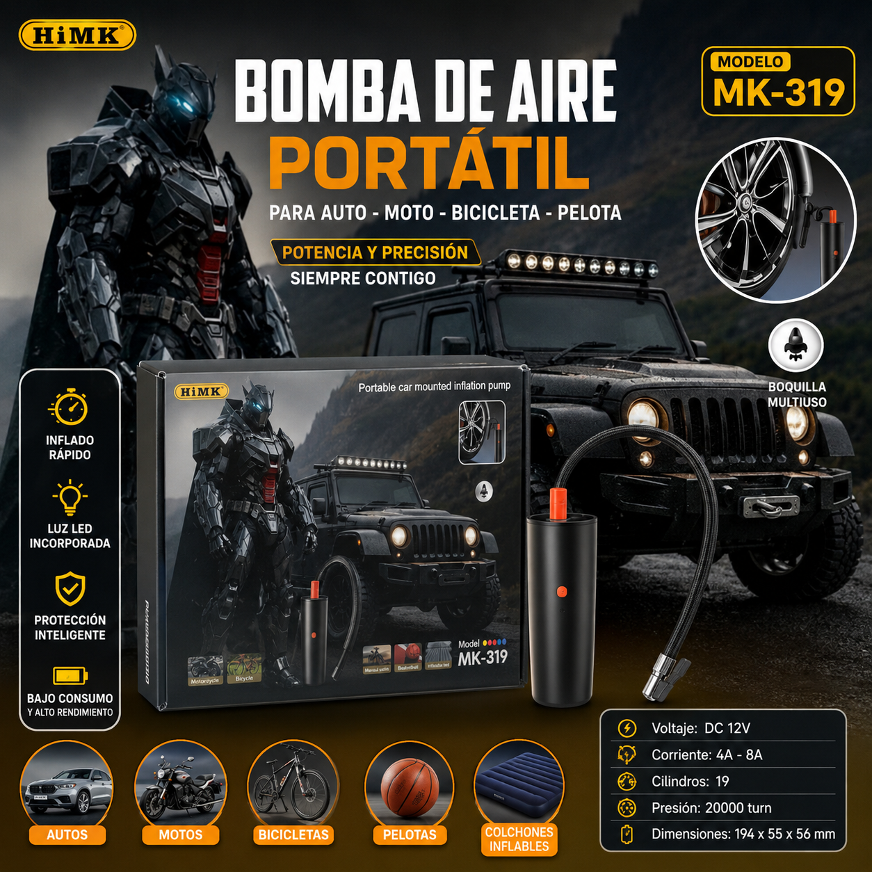 COMPRESOR DE AIRE PORTÁTIL HIMK MK-319