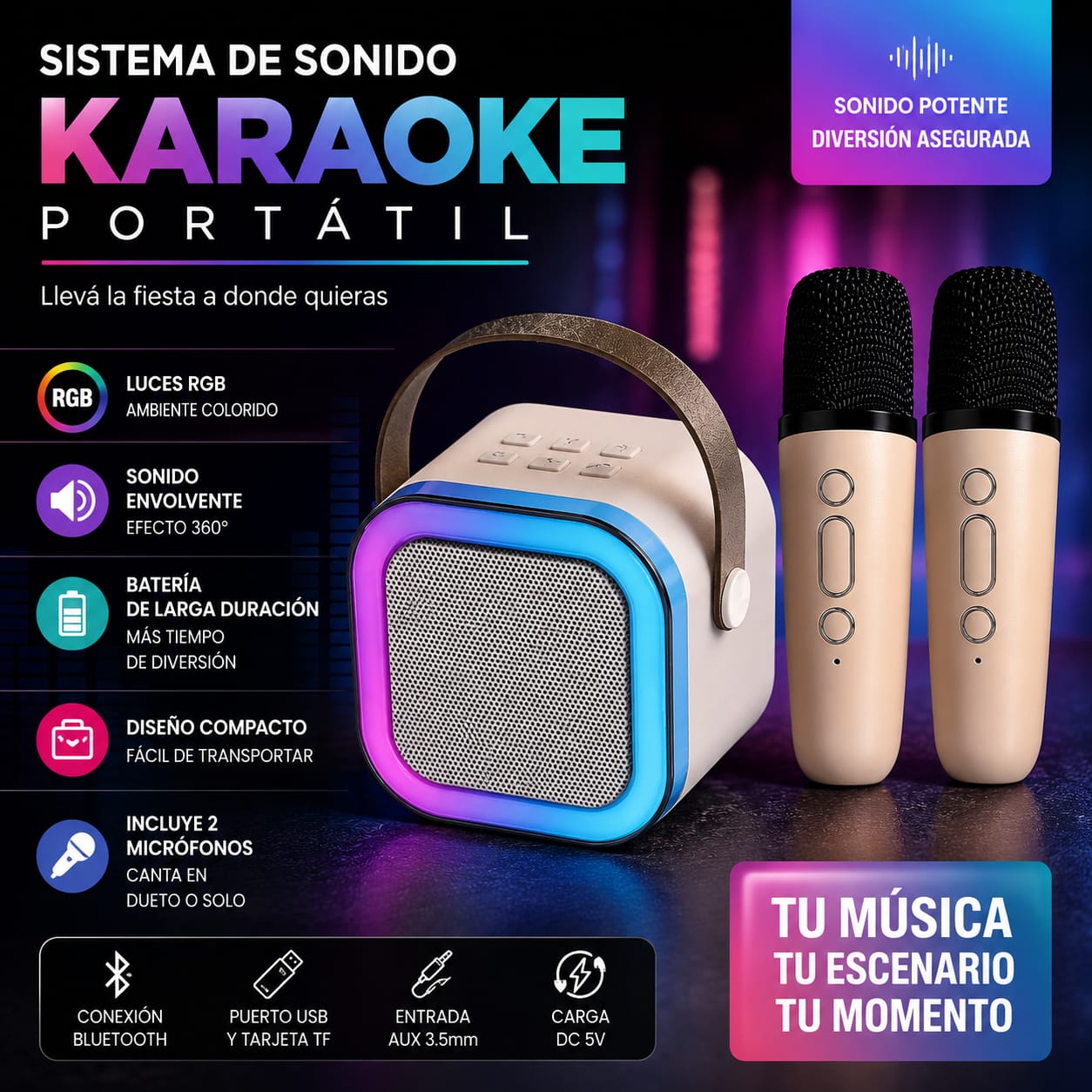 PARLANTE BT CON 2 MICROFONOS Y RGB