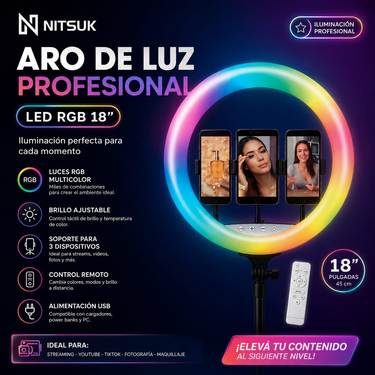 ARO DE LUZ LED RGB 45CM + TRIPODE NITSUK