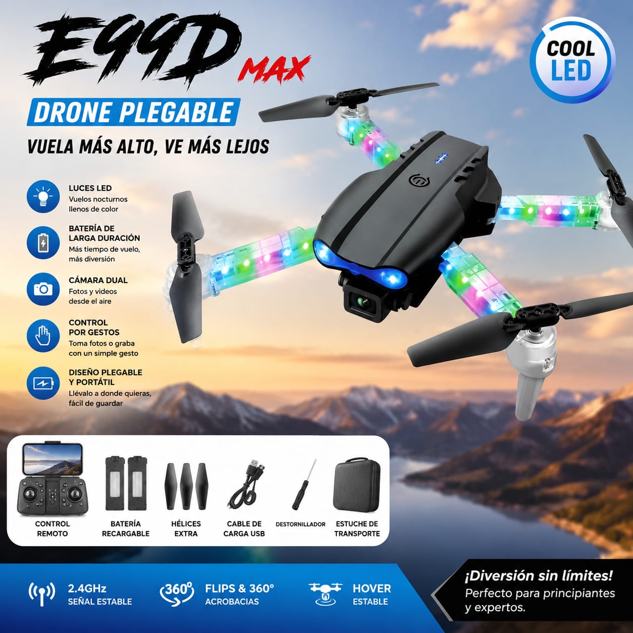 DRONE E99D CON LUZ RGB Y 2 CAMARAS