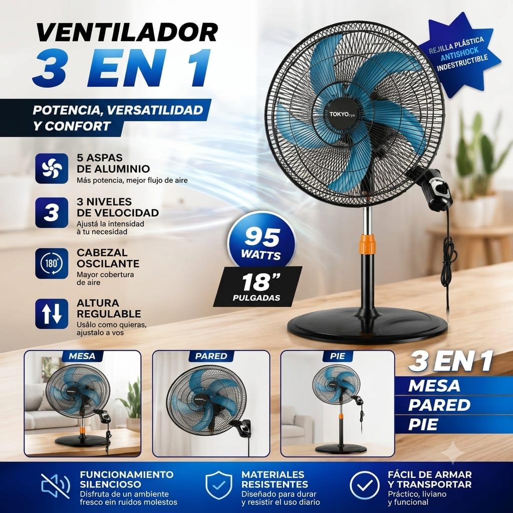 VENTILADOR TOKYO 18″ 95W 3 EN 1