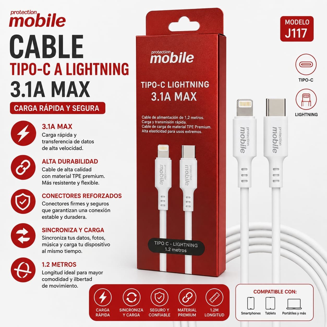 CABLE MOBILE TIPO C A LIGHTNING 3.1A MAX