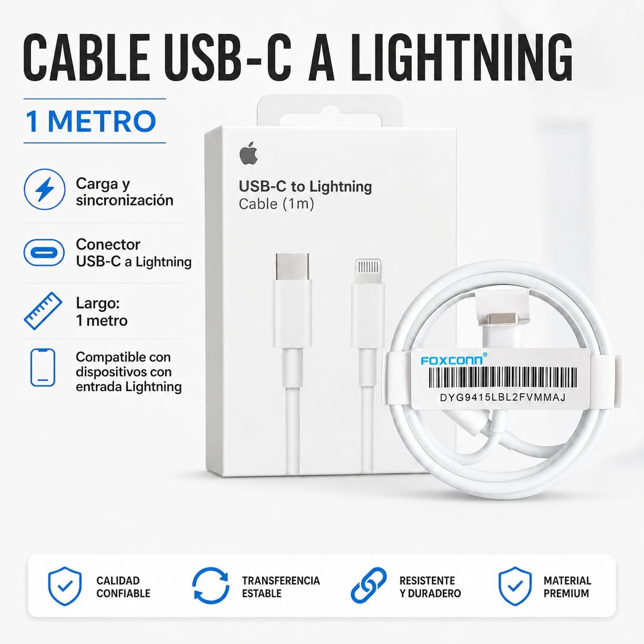 CABLE APPLE C A LIGHTNING (CALIDAD FOXCONN)