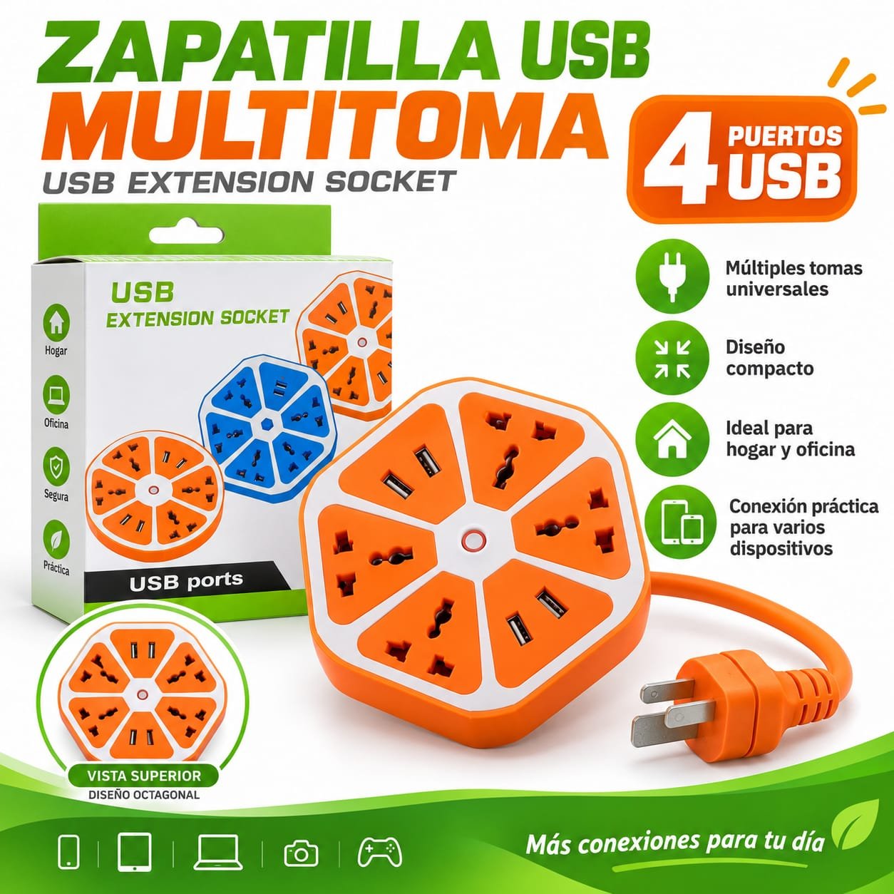 ZAPATILLA OCTAGONAL 4 USB / 4 PUERTOS