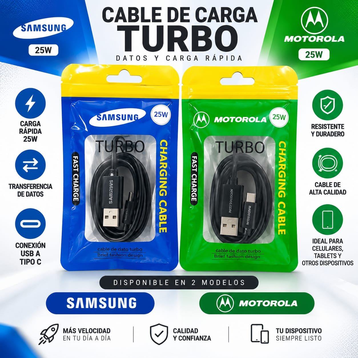CABLE DE BOLSA V8 Y TIPO C (MOTOROLA – SAMSUNG)