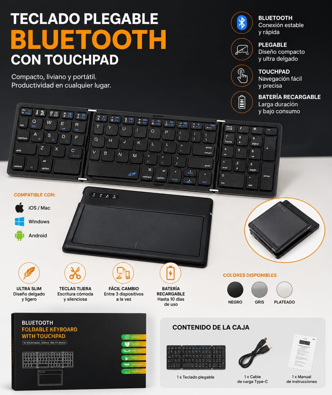 TECLADO PLEGABLE BT CON TOUCHPAD