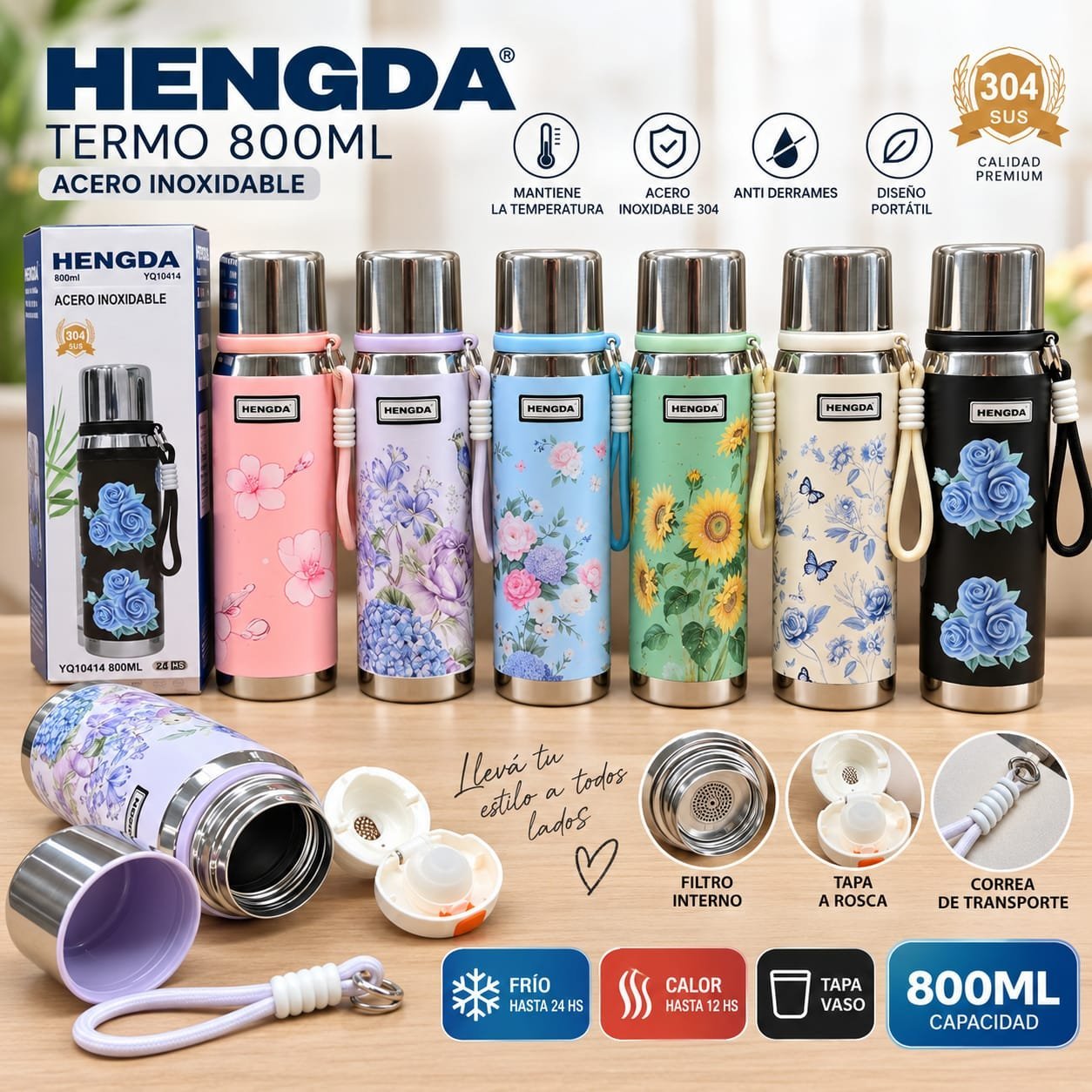 BOTELLA DISEÑO FLORAL C/ CORREA 800ML