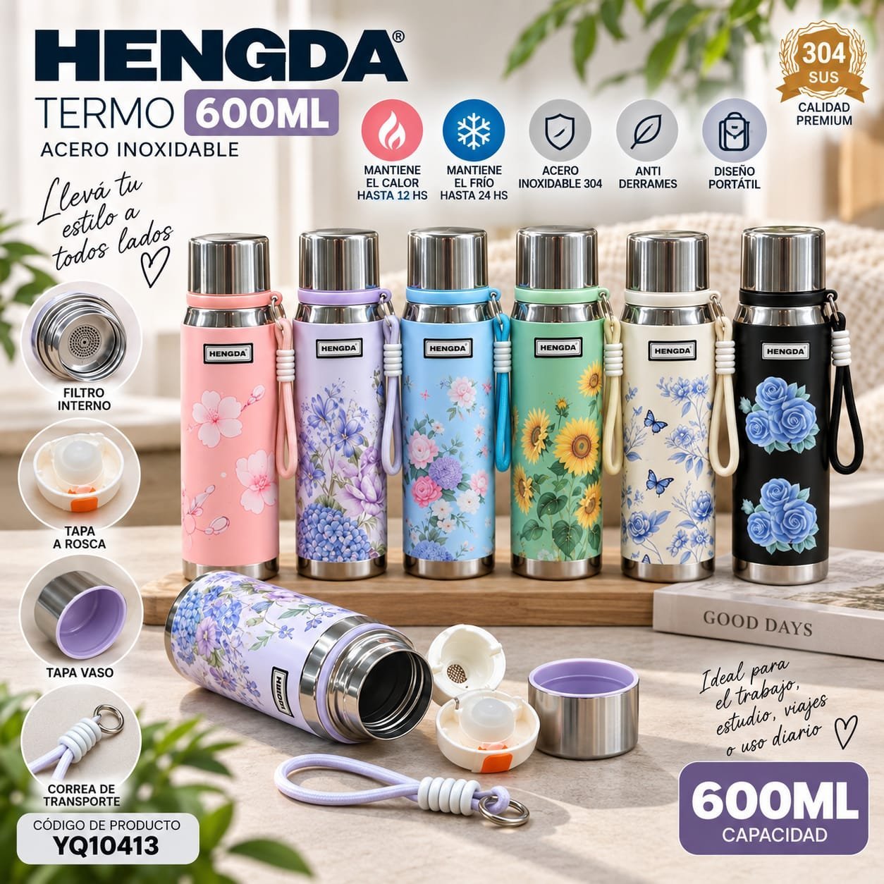 BOTELLA DISEÑO FLORAL C/ CORREA 600ML