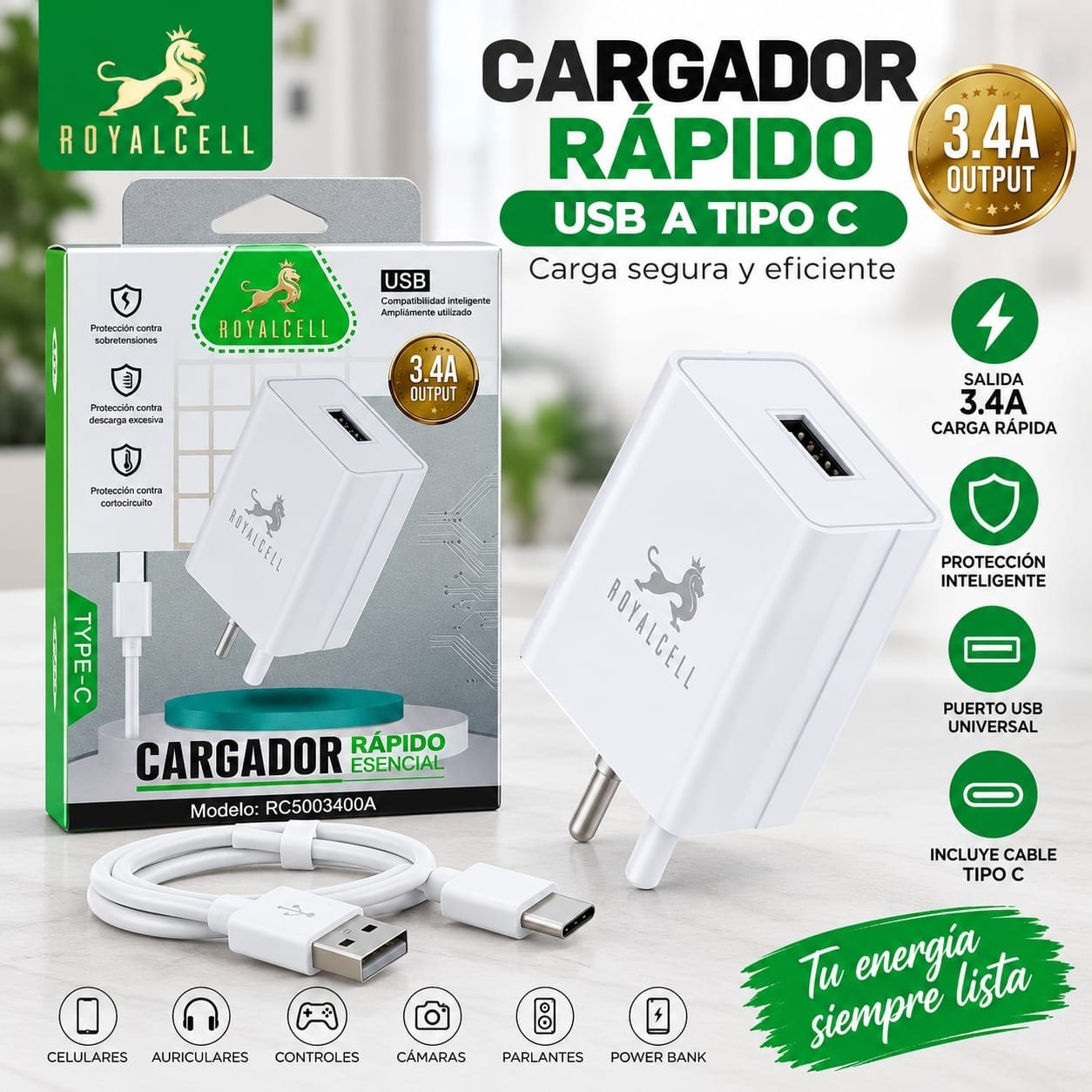 CARGADOR ROYALCELL USB A C 3.4A