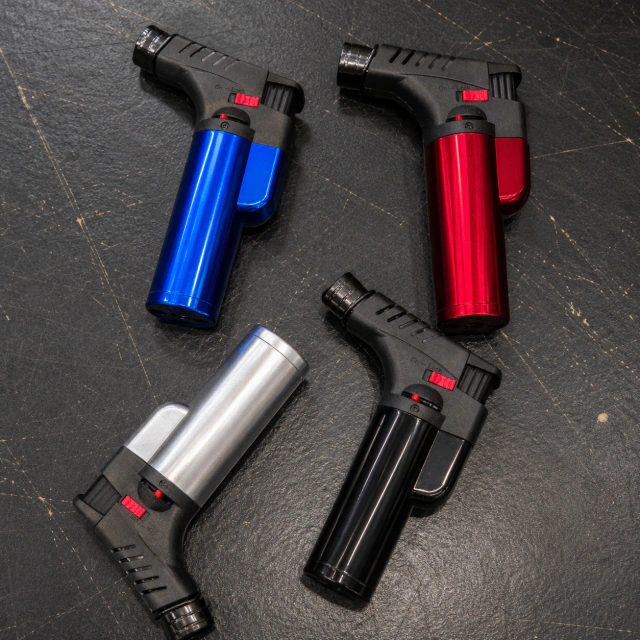 Encendedor DOBLE Soplete Recargable con Llama Jet y Base – Colores Surtidos