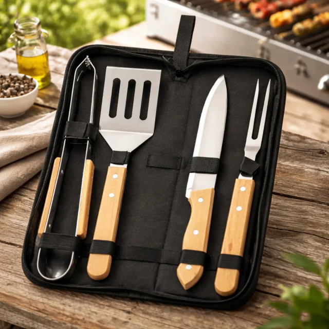 Set Para Asados 4 Piezas Acero Inox Mango Madera Con Funda