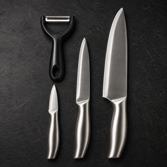 Set de Cocina 4 Piezas – 3 Cuchillos de Acero Inoxidable + Pelador