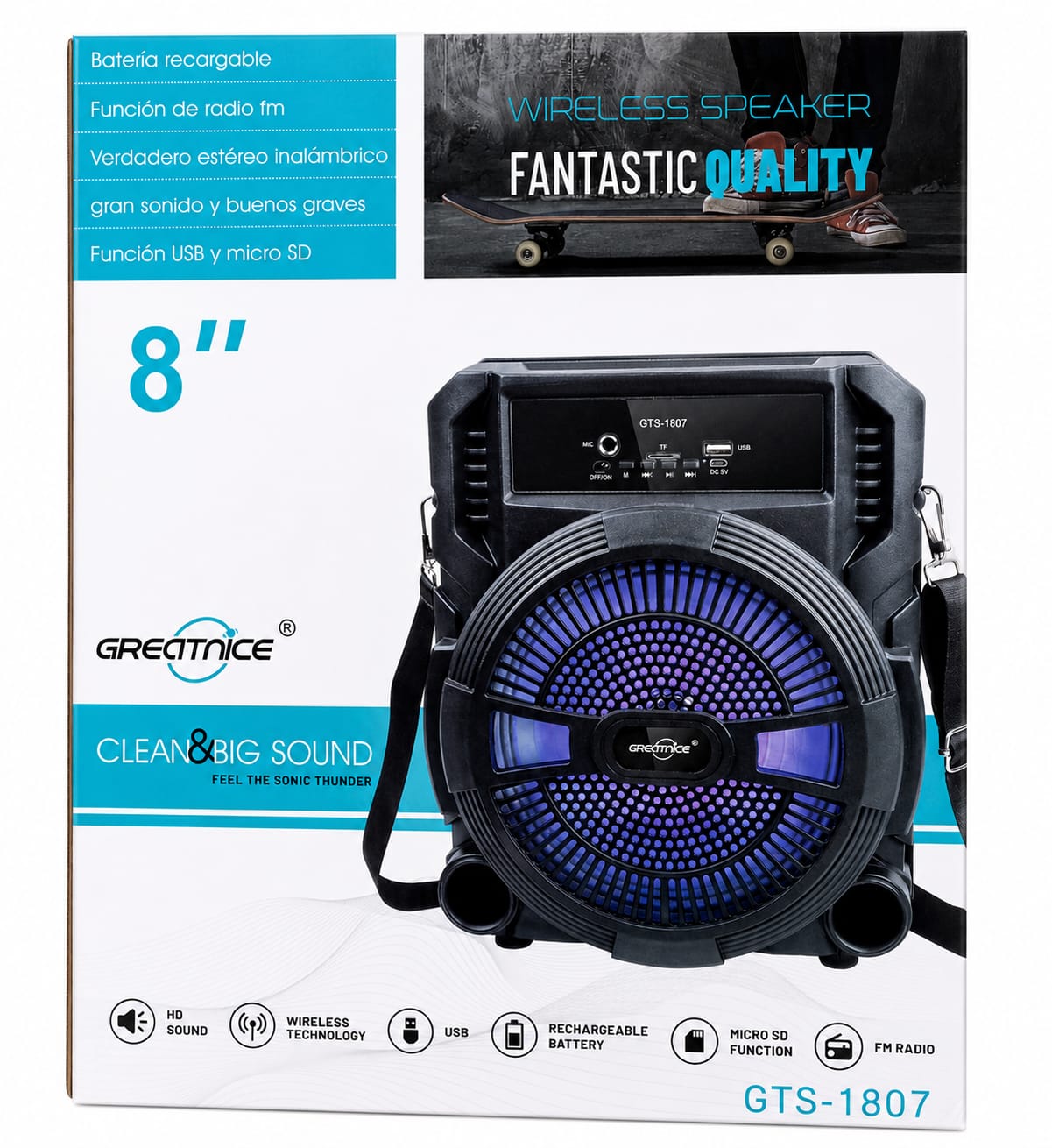 Parlante Bluetooth 8” Luz Led Negro Con Correa GTS-1807