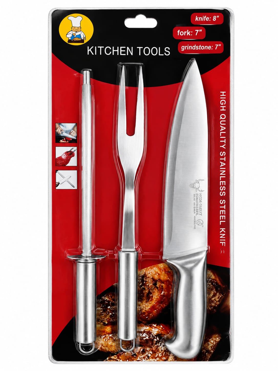 Set X3 Piezas Acero Inox Tenedor Cuchilla Y Chaira DH-P3