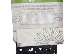 Juego De Cortina de Baño + Ganchos + Alfombra 3 en 1 Blanco Oriental