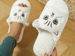 Pantuflas Invierno Mujer con Peluche Diseño Gato Color Crema TX04