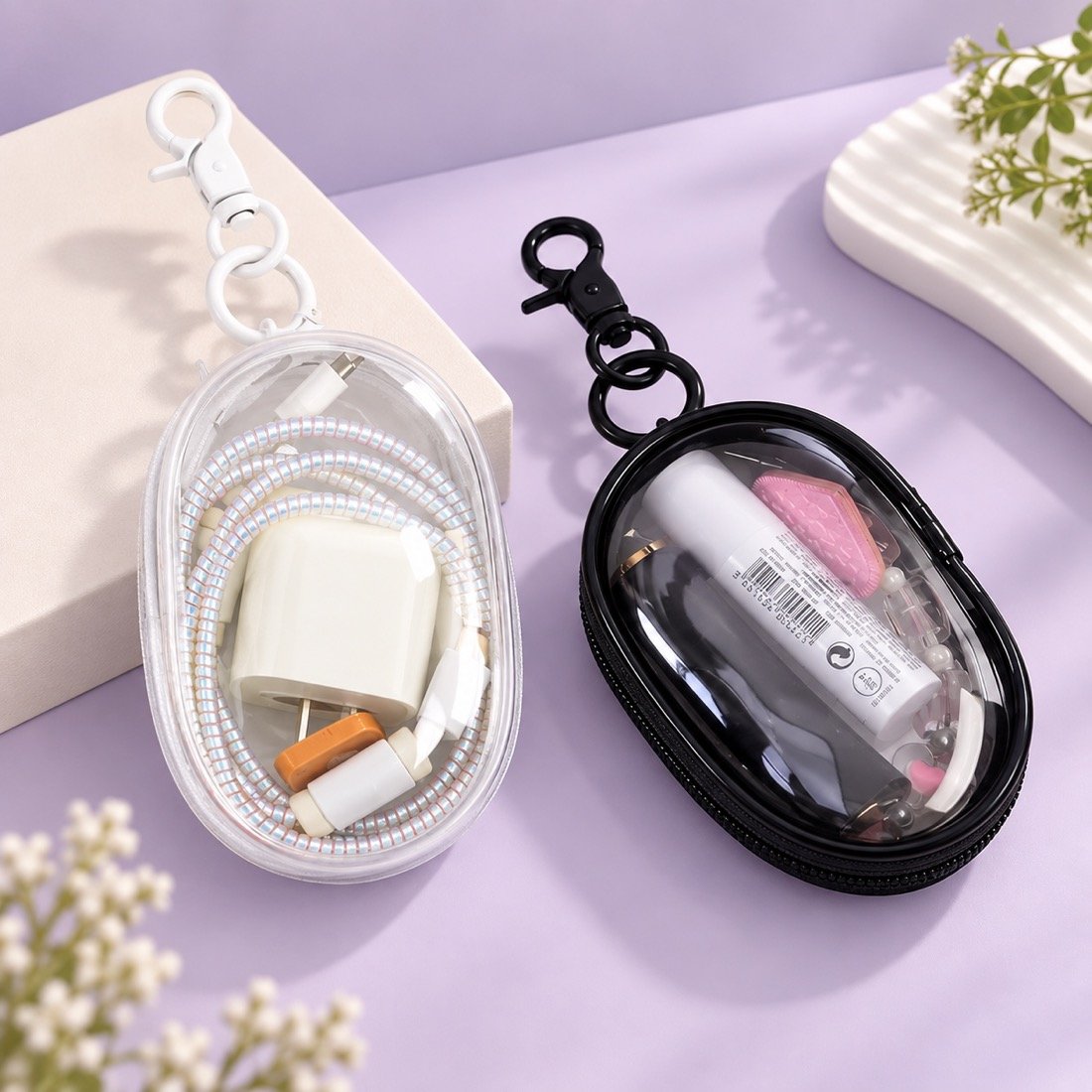 LLAVERO PORTA ACCESORIOS TRASNPARENTE B/N