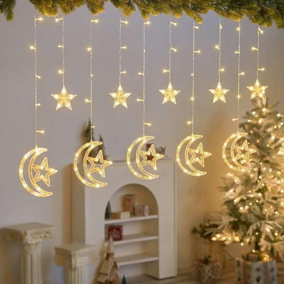 CORTINA LUZ CALIDA LED LUNA ESTRELLA