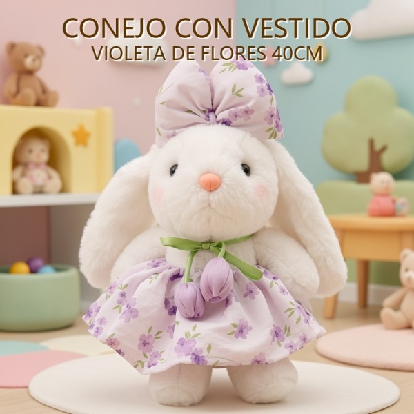 CONEJO CON VESTIDO VIOLETA DE FLORES 40CM
