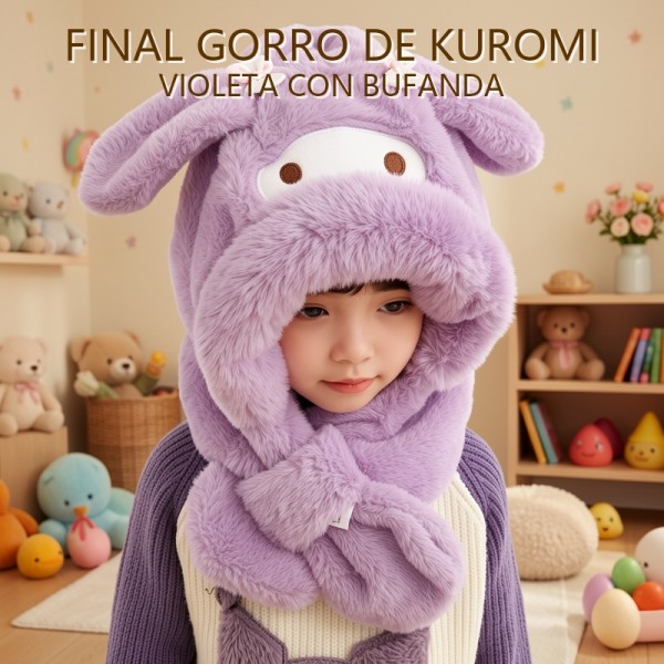 FINAL GORRO DE KUROMI VIOLETA CON BUFANDA