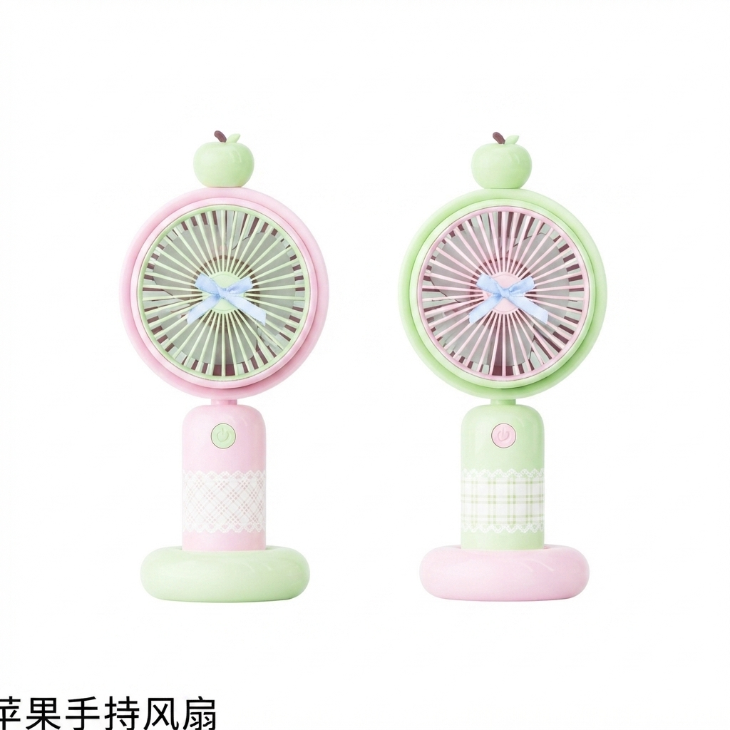 Ventilador de mano recargable forma manzana con base, verde y rosa