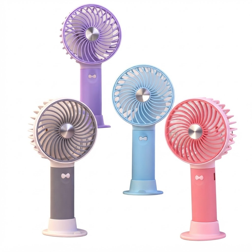 Ventilador de mano recargable con base y moño decorativo