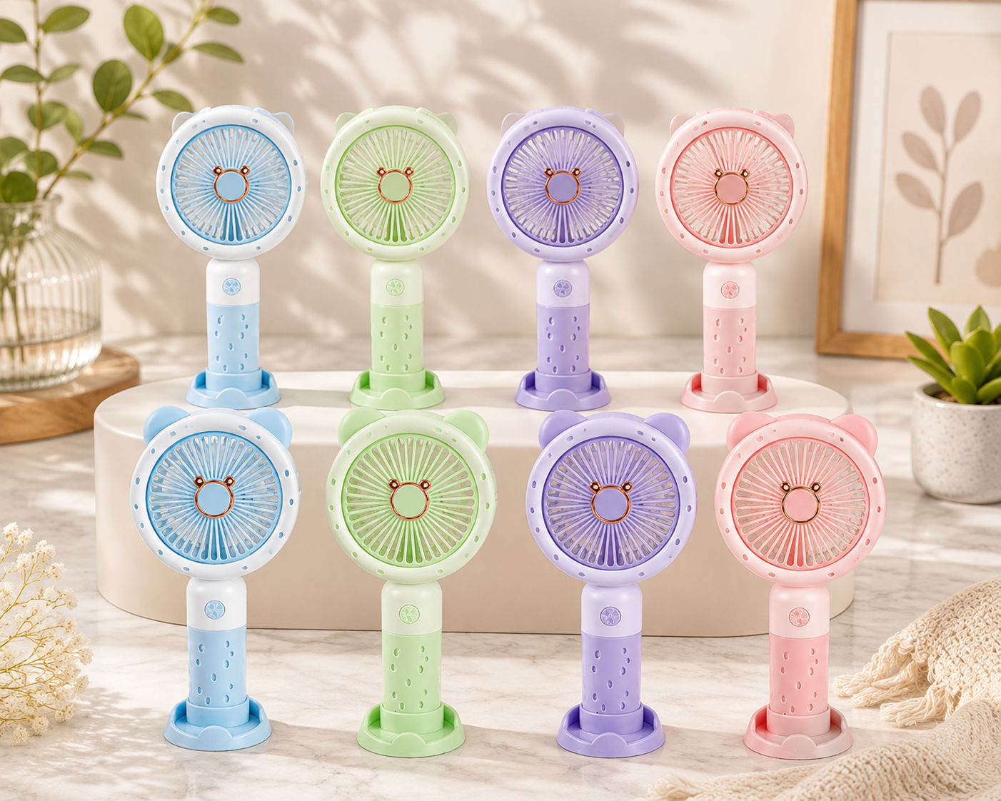 Ventilador de mano con orejitas de oso y base