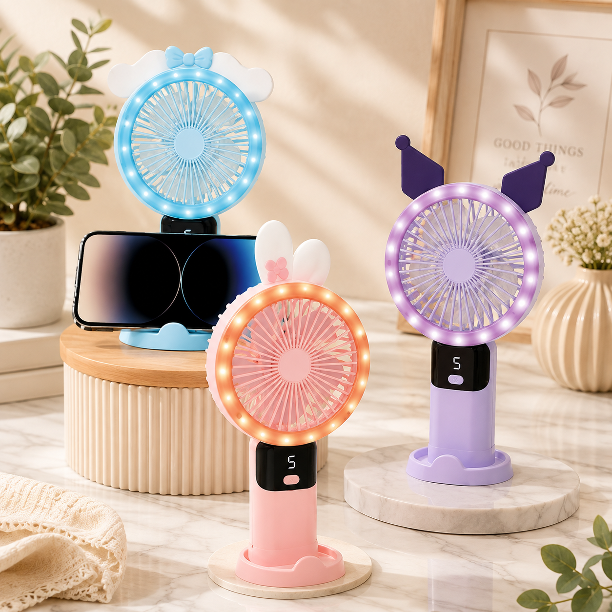 Ventilador de mano con luz LED, display y soporte para celular