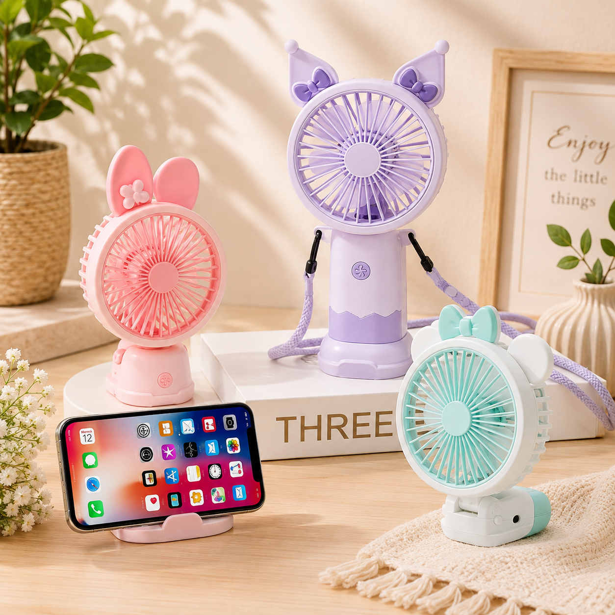 Ventilador de mano con orejitas y soporte para celular