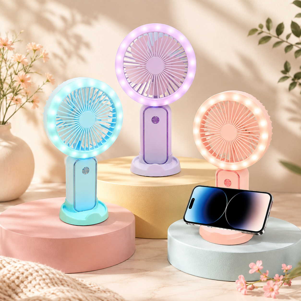 Ventilador de mano con luz LED y soporte para celular
