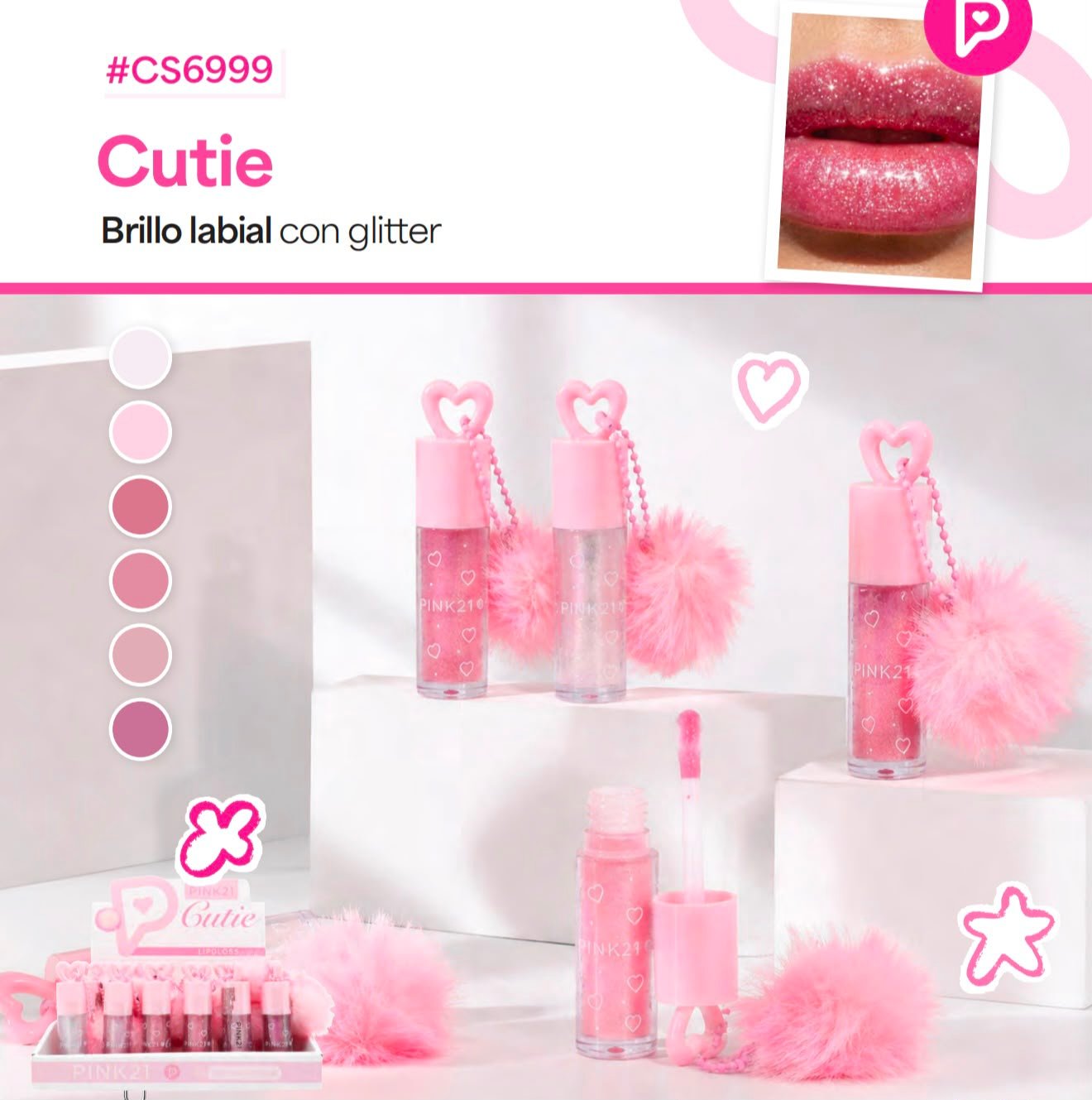 PINK 21 LIP GLOSS GLITTER LLAVERO CS6999