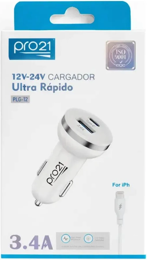 CARGADOR P/AUTO PRO21 3.4A USB+C CABLE IPH 1MT
