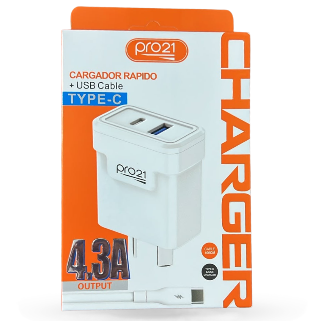 CARGADOR 4.3A PRO21 TIPO C + USB CABLE TIPO C