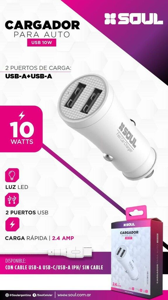 CA-DUSB10WT CARGADOR P/ AUTO 2USB A C 2.4 10W