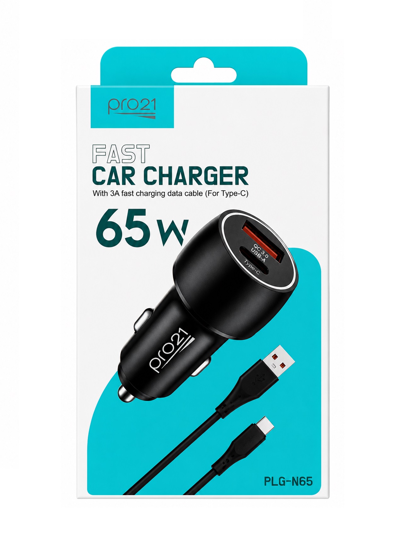 CARGADOR P/AUTO 65W PRO21 USB+C CABLE TIPO C