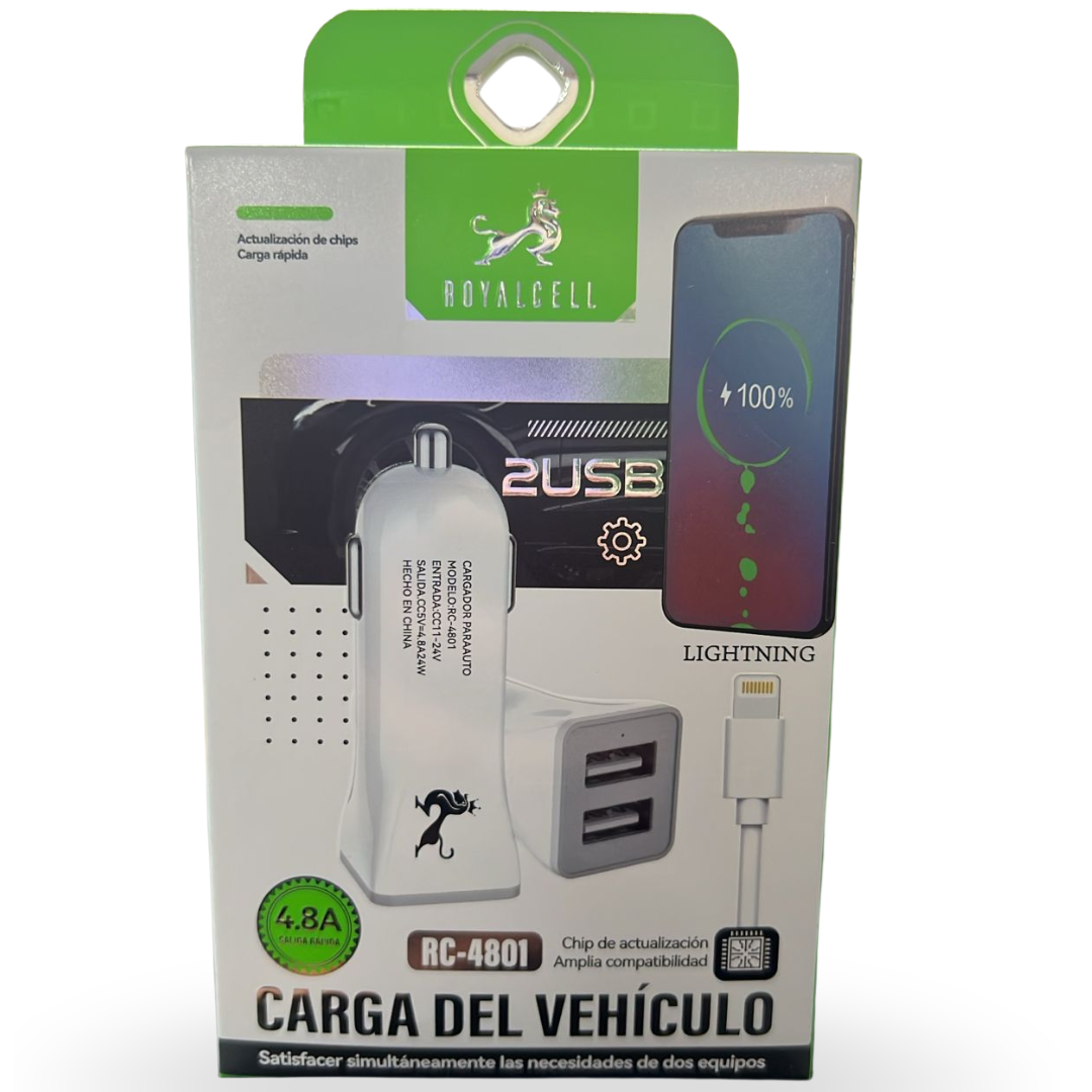 RC-4801 CARGADOR AUTO 4.8A 2USB-IPH 1MT