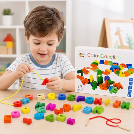 MT07996 COLLAR DIDÁCTICO DE MADERA JUEGO PARA ENHEBRAR NÚMEROS Y LETRAS